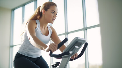 Overweight woman working out on a stationary bicycle