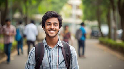 Indian middle east university student in the middle of the corridor of the campus, smiling to camera