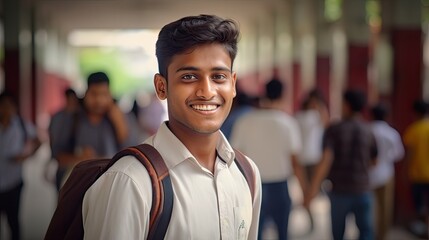 Indian student ready to go to class, back to the university concept. Handsome man smiling to camera - obrazy, fototapety, plakaty