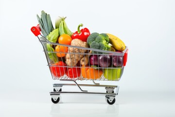 Miniature shopping cart overflowing with colorful fruits and vegetables.