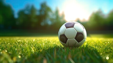 A soccer ball on a green lawn. Soccer field on the background of the forest with the rays of the setting sun. Banner of sports theme. Can be used for advertising, marketing or presentation.