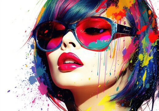 Beautiful young woman in sunglasses. Fashionable image of the model in multicolor tones. A female image is drawn. Illustration for poster, cover, brochure, postcard, interior design or print