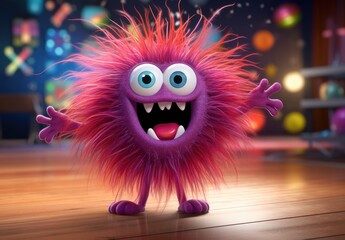 The fluffy ball-shaped toothy monster laughs and waves his arms. Funny children's toy. Fun character. Facial expression. Illustration for varied design. - obrazy, fototapety, plakaty