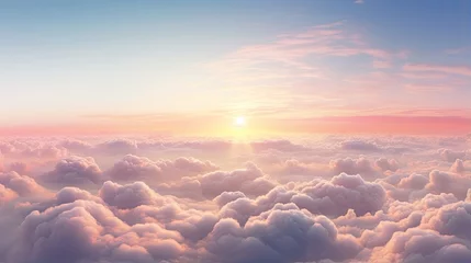 Deurstickers Beautiful sunset above the clouds. Aerial view. Nature background of sky. Cloudy landscape from the window of an airplane. Sunrise. Sun goes into the clouds. Illustration for varied design. © Login