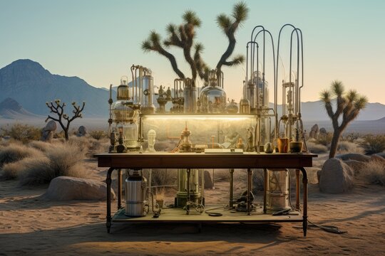 A desert lab with scientific glassware under a bright light.