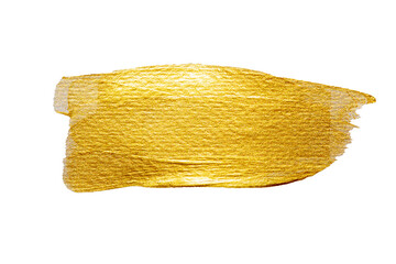 Golden paint brush stroke isolated on white with glittering texture. clipping path