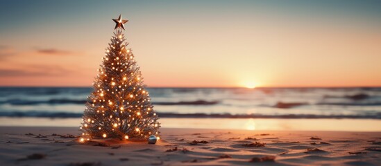 Beachside Australian Christmas tree adorned with fairy lights blurred background perfect for messaging