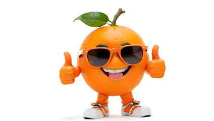 Happy smiling Orange character wearing sunglasses gives thumbs up with legs and white shoes , funny cartoon orange character showing thumbs up with white background