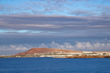 panoramic view of coast at Playa Blanca with beaches, village and coastline in Lanzarote,
