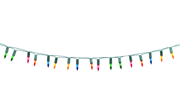 String of Christmas lights isolated on transparent background.
