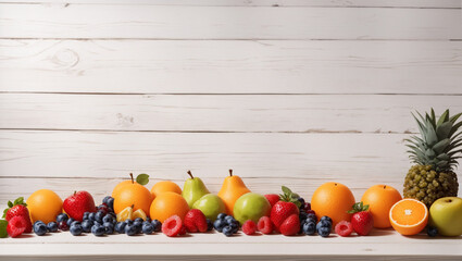 fruit over white wooden table background. Backdrop with copy space