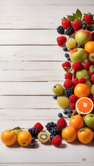 fruit over white wooden table background. Backdrop with copy space
