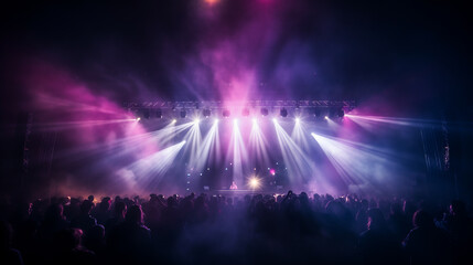Stage light with colored spotlights and smoke. Concert and theatre dark scene.ai generative - obrazy, fototapety, plakaty