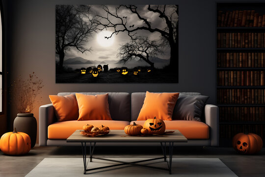 Interior of dark living room on Halloween with couch, orange pumpkins and painting on wall