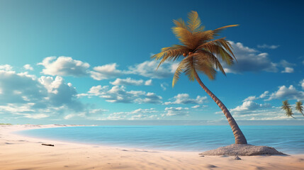 Fototapeta na wymiar Palm tree on the sand of the beach. Vacation scene with palm on the shore line. ai generative