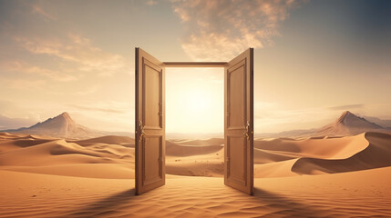 Opened door on desert. Unknown and start up concept.ai generative