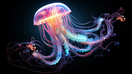 Glowing neon jellyfish with long tentacles. ai generative