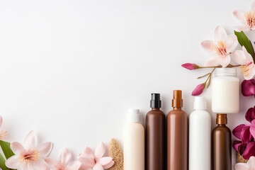 Obraz na płótnie Canvas Chic Cosmetics, Blooms, and Accessories on White Wooden Background - Beauty Essentials Arrangement - Created with Generative AI Tools