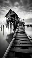 wooden pier to a wooden house, 9:16 format