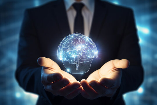 Businessman Holding Digital Brain Image - Innovative Technology and Cognitive Concept - Created with Generative AI Tools