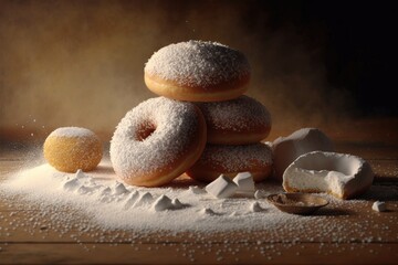 Delicious donuts with icing sugar on wooden table, closeup