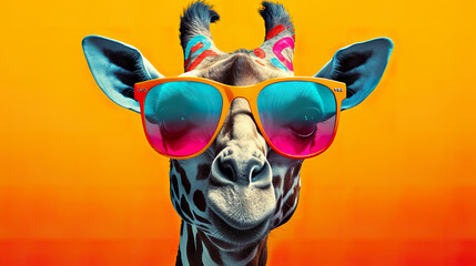 Cool giraffe with sunglasses on colorful background - obrazy, fototapety, plakaty