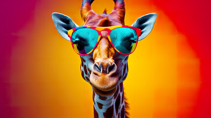 Fototapety  Cool giraffe with sunglasses on colorful background