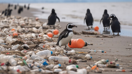 The penguin is standing on the shore surrounded degrading of plastic, Environmental disaster in sea.generative ai - obrazy, fototapety, plakaty