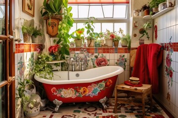 Obraz na płótnie Canvas Pastoral bathroom with bath tub decorated with flowers