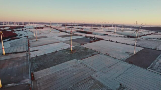 Drone footage from a Windpark during sunset in Germnay
