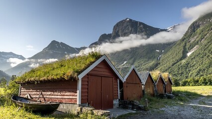 Buildings standing side-by-side in a grassy meadow, featuring lush green grass