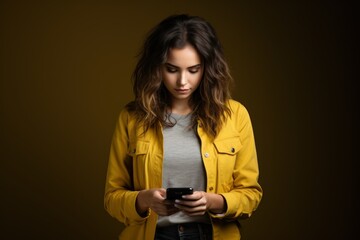 Fototapeta premium Portrait of a Happy Fictional Brunette Woman Model Smiling Looking at her Phone. Isolated on a Plain Brown Background. Face Expression. Generative AI.