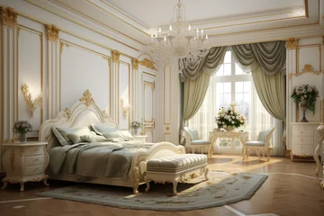 Fotobehang Classic luxury bedroom interior in light pastel and golden colors © Lazylizard