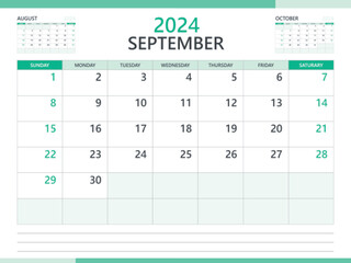 Calendar 2024 template vector on green background, September 2024 template, Planner, week start on Sunday,  Desk calendar 2024 design, minimal wall calendar, Corporate planner template vector