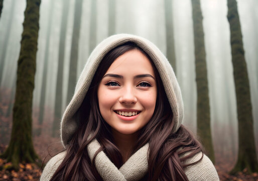 Beautiful young woman in the forest wearing a warm sweater and hood