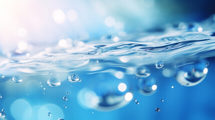 Naklejka na ściany i meble Blurred blue color water ripple surface background with splashing bubbles water drop