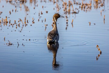 Pintail duck swimming in a tranquil body of water surrounded by lush green vegetation