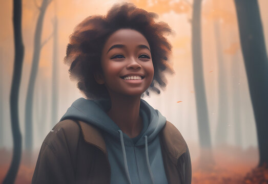 A beautiful African American woman in a foggy autumn forest