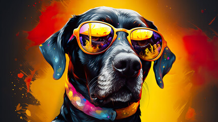 Cool dog with sunglasses on colorful background - obrazy, fototapety, plakaty