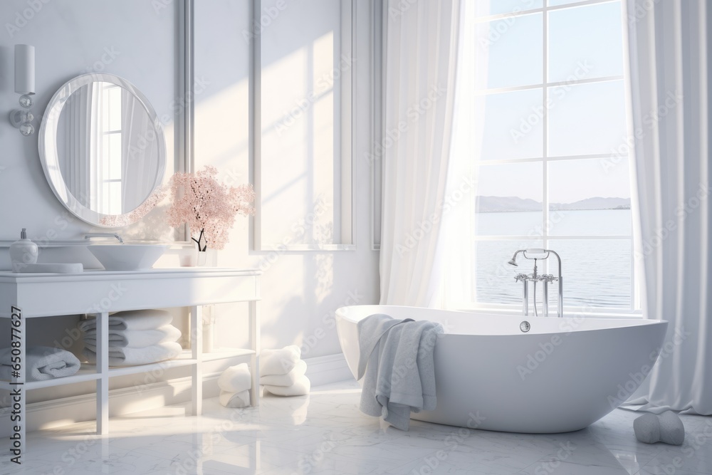 Wall mural white bathroom interior, minimalist design with bathtub