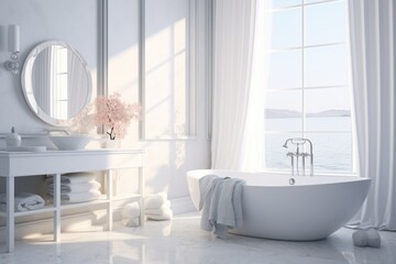 White bathroom interior, minimalist design with bathtub - obrazy, fototapety, plakaty