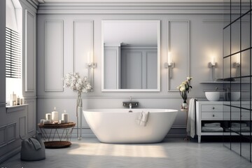 Fototapeta na wymiar White bathroom interior, minimalist design with bathtub