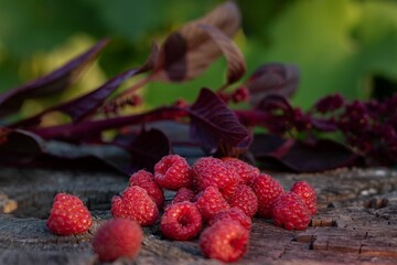Fresh and ripe red raspberries resting on a natural wooden background