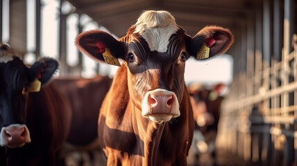 Beef cattle farming and close up view of cow standing in cowshed.generative ai - obrazy, fototapety, plakaty