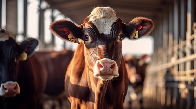 Beef cattle farming and close up view of cow standing in cowshed.generative ai