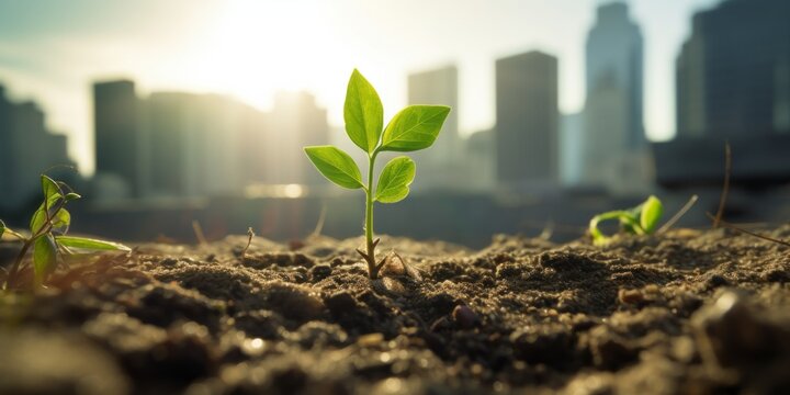 A young plant sprouting in front of a vibrant city skyline