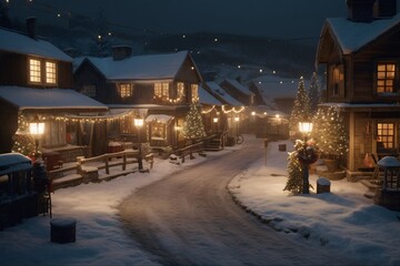 Winter village at night. Small houses in the snow. Christmas landscape. Snowy street in the old town. Winter fairy tale castle at night. Fairy tale castle in winter.. - obrazy, fototapety, plakaty