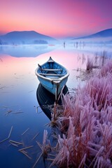 A huge lake, distant mountains reflected in the water, fog, a small boat, reeds covered with frost