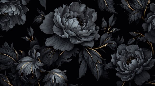 Fototapeta Black background in the style of stunningly beautiful illustrations with motifs of black flowers.