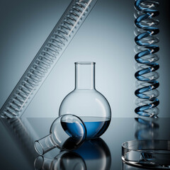 Laboratory glassware. Chemical industry. Scientific experimental equipment. Medical pharmacy lab test. Scientific research. Transparent liquid in a bottle. Biology, chemistry, biochemistry background